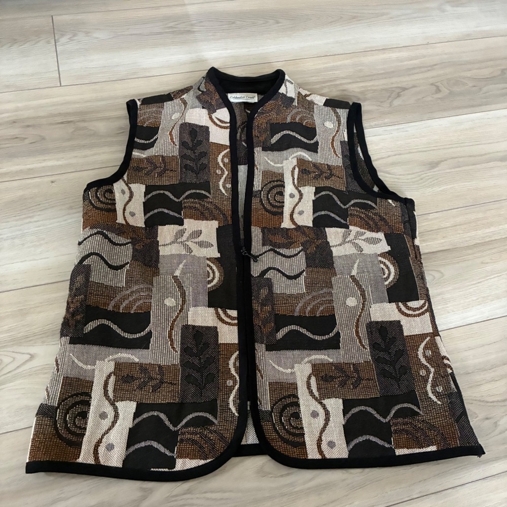 American Vintage Coldwater Creek Tapestry Patchwork Vest Women's Zip Front Med